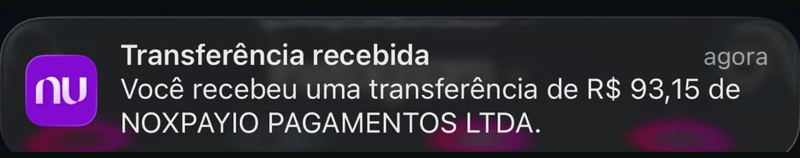 Notificação do banco informando transferência recebida de R$ 93,15